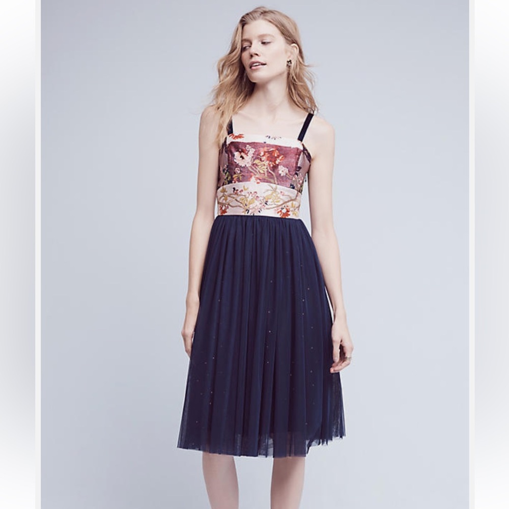 Anthropologie Navy Tulle Midi Dress with Floral Bodice